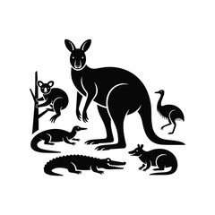 Australian Animal Silhouettes – Kangaroo, Koala, Emu, Crocodile, Platypus Vector Collection