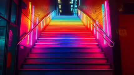Vivid Neon Ascent: A Colorful Stairway to an Urban Destination