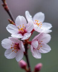 Obraz premium Freshly bloomed pink cherry tree flowers, dew-kissed petals.