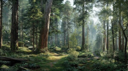 Obraz premium Sunlit Forest Path Through Tall Trees, Showcasing Nature's Serenity and Environmental Awareness for Conservation Projects : Generative AI