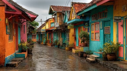Obraz premium Vibrant Rainbow Houses line a Wet Paved Street in a Colorful Village