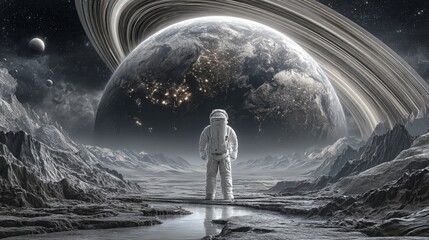 An astronaut filled with wonder stands on a planet's surface and gazes at another planet, with the astronaut exploring strange landscapes that represent the essence of space travel, created by stock