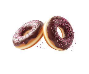 Two chocolate donuts with chocolate chips floating, cut out white background