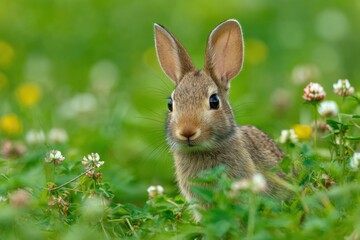 Fototapeta premium Alert Wild Rabbit Sitting in a Meadow of Flowers, Symbolizing Springtime Joy and New Beginnings, Ideal for Nature and Wildlife Conservation Campaigns : Generative AI