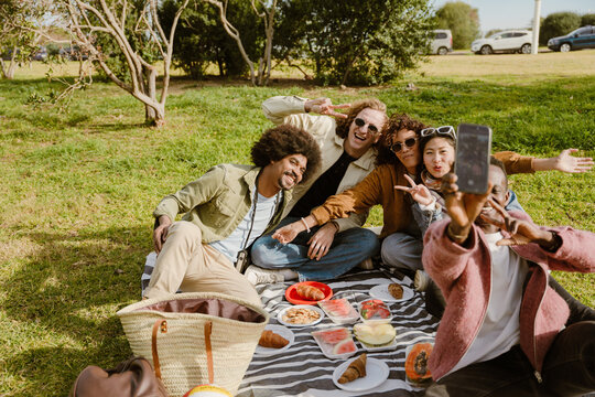 A group of five friends sit on a blanket and pose while smiling and looking at a phone held by one of them, at a picnic