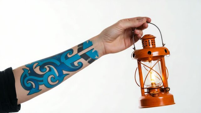 Arm holds a lantern with a blue tattoo design.