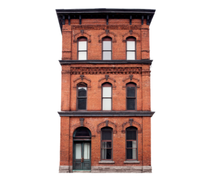 Vintage brick building in urban setting for design purposes on a transparent background, cut out