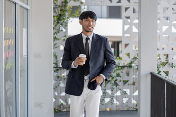 Fototapeta premium a well-dressed businessman posing in various poses, an office worker making various gestures, a dignified entrepreneur, a ceo of marketing company walking in the office, manager, boss