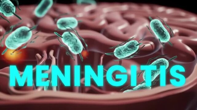 Meningitis Text Over Brain Cross-Section and Spinal Cord with Glowing Bacteria &ndash; Medical Animation for CNS Infection Awareness

