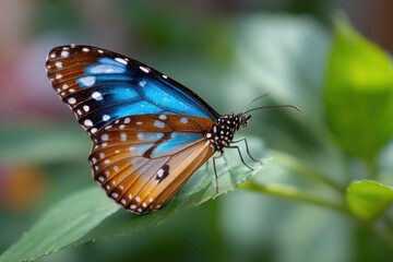 Fototapeta premium Blue and Brown Butterfly Resting on Green Leaf, Symbolizing Transformation and Environmental Awareness for Conservation Projects : Generative AI