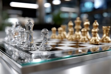 A beautifully crafted glass chess set featuring shiny golden pieces, showcased on a modern glass chessboard in a contemporary setting, reflecting luxury and strategic gameplay.