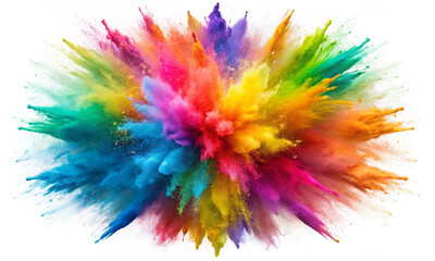 Rainbow dust powder explosion transparent PNG, isolated background. Dynamic blast eruption, vibrant colorful effect, party, celebration, festival, color run element.