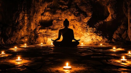 The silhouette of Buddha in lotus position surrounded by soft candlelight, meditating in a quiet, dark cave as shadows dance across the walls.