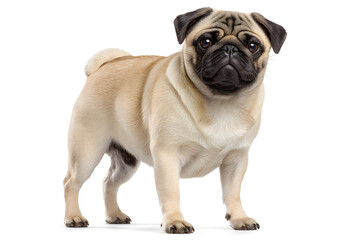 Obraz premium A charming pug poses confidently, showcasing its round face and short legs in a well-lit indoor space