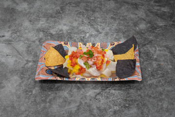 A plate of food with a tortilla chip on top. The food is a mix of vegetables and meat
