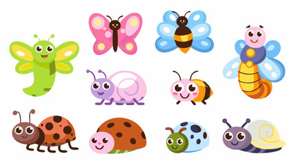 Naklejka premium Playful Insect: A whimsical collection of friendly cartoon insects, showcasing a delightful assortment of vibrant colors and cheerful expressions.