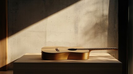 The smooth wood of an acoustic guitar glows under sunlight, casting a delicate shadow on a concrete wall as it rests on a wooden box.