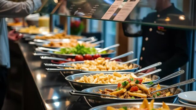 People enjoy delicious food at a vibrant buffet with fresh vegetables and pasta