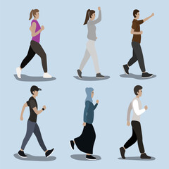 Vector illustration of various people doing everyday activities such as running, walking, exercising, stretching, and other lifestyle routines. Modern flat design showing diverse characters with diffe