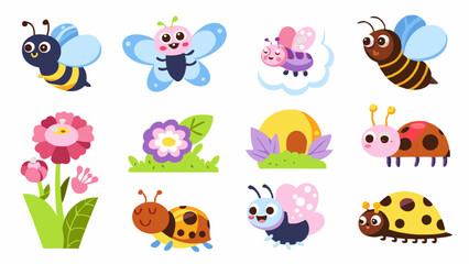 Obraz premium Cute Insect Icons: Charming collection of colorful insect and floral icons, capturing the essence of spring and natural beauty. The images feature a variety of insects.