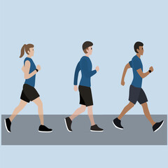 Vector illustration of various people doing everyday activities such as running, walking, exercising, stretching, and other lifestyle routines. Modern flat design showing diverse characters with diffe