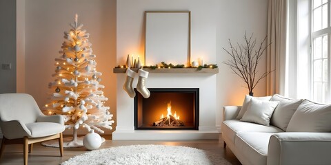 White room. Christmas time Interior scene with decorated tree and fireplace with hanged socks. Mockup