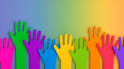 Against a vibrant rainbow background, multicolored raised hands convey the message of unity, diversity, and inclusion