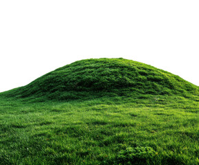 Lush green hill with vibrant grass in a serene landscape setting on a transparent background, cut out