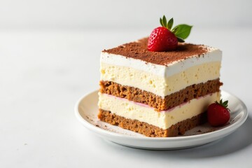 Classic tiramisu, layers visible, white background, isolated, delicious food, high resolution