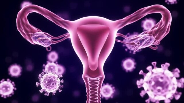 Abstract Glowing Uterus Shape and Floating Viruses in Pink and Purple &ndash; Medical Animation for Gynecological Disease Awareness

