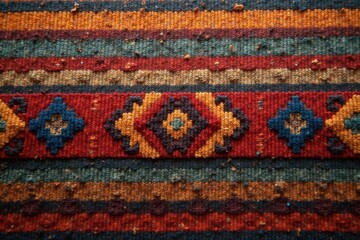 Intricate woven textile with bold geometric motifs, earthy tones, shapes, tribal
