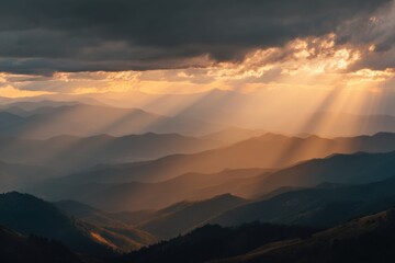 Fototapeta premium Sun Rays Over Mountain Range at Dusk, Representing Adventure and Spiritual Awakening, Ideal for Travel and Tourism Marketing Campaigns : Generative AI