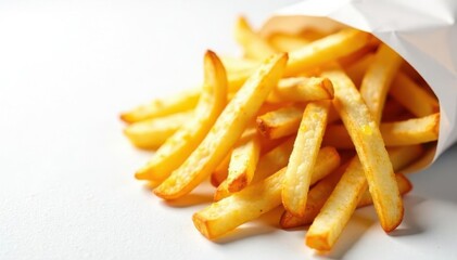 Crispy french fries arranged artfully on white , fries, background, delicious