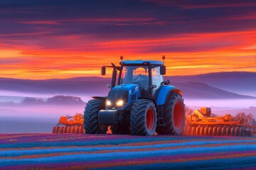 Obraz premium At sunrise, a tractor is tilling the soil in a lush field surrounded by early morning mist, with the scene illuminated by soft light