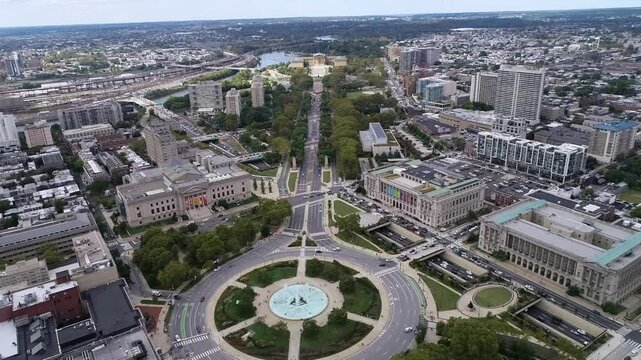 Logan Circle Square Fountain and Philadelphia Museum of Art Rocky Steps in Background. Pennsylvania. Drone