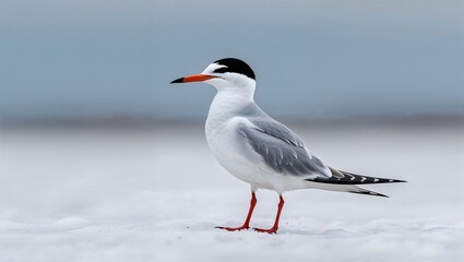 Arctic tern standing upright with short legs and forked tail on white background
