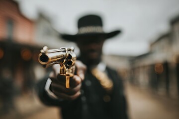 A duster coat-clad man is preparing his rifle by a covered wagon