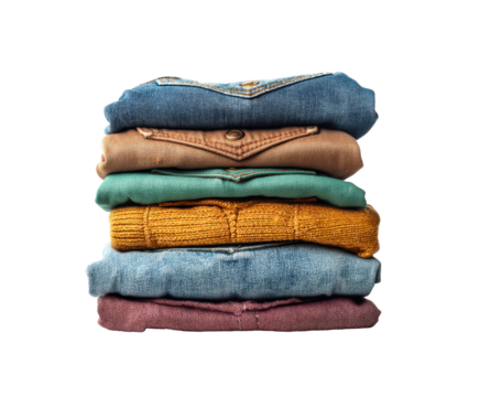 Stylishly folded clothes stacked for organization and minimalist decor on a transparent background, cut out