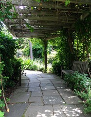 Obraz premium green garden with blooming flowers and sunlight streaming through tree branches, 