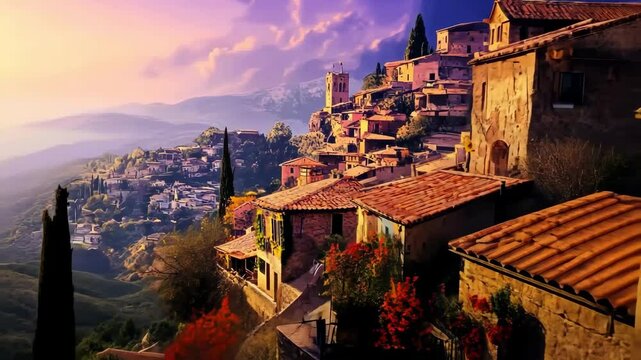 scenic hilltop village with cypress trees and terracotta roofs in warm light.