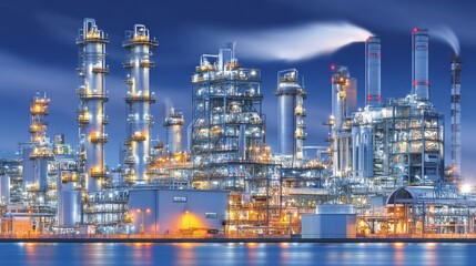 Obraz premium Air pollution is caused by smoke emitted from factory chimneys, carbon storage plants, carbon capture and storage facilities, and chemical refineries