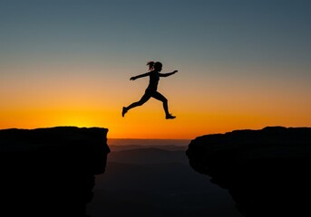 Woman jumping between cliffs at sunset representing motivation and business