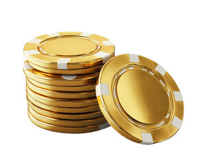 stacked golden casino chips, cut out white background