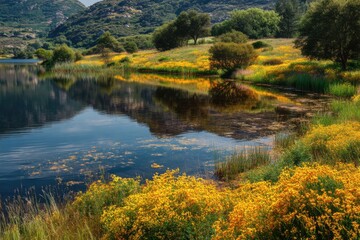 Fototapeta premium Scenic Lake Surrounded by Yellow Wildflowers Reflecting Mountains, Ideal for Summer Travel and Nature Getaways : Generative AI