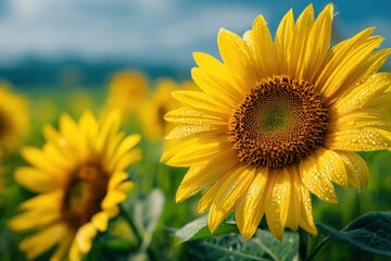 Fototapeta premium Close-Up of Vibrant Yellow Sunflower Field With Dewdrops, Symbolizing Summer Joy and Agricultural Sustainability : Generative AI