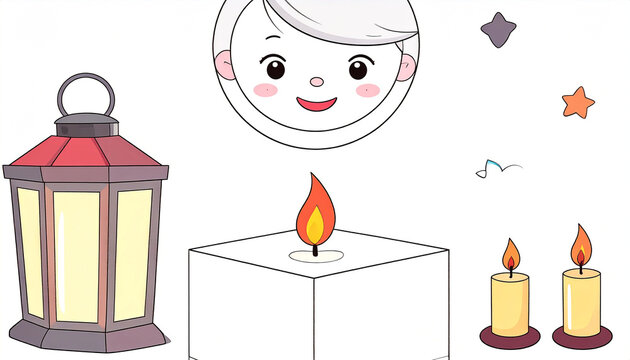 A cheerful child's face floats above a scene with a lantern, a lit candle on a cube, and two unlit candles.  Stars and musical notes add whimsy