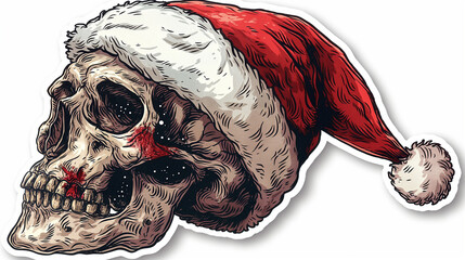 human skull with Santa Claus hat cartoon on white background