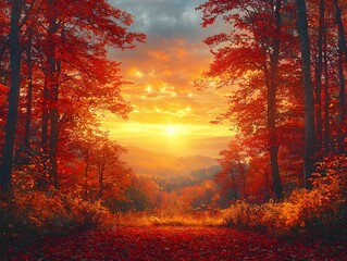 Fototapeta premium Vibrant Autumn Forest Valley at Sunset