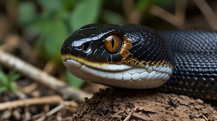 Obraz premium Close-up of a stunning black snake with detailed scales, striking eyes, and unique patterns