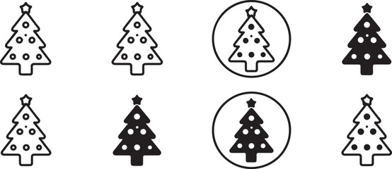 Set of Eight Christmas Tree Icons Line Art and Solid